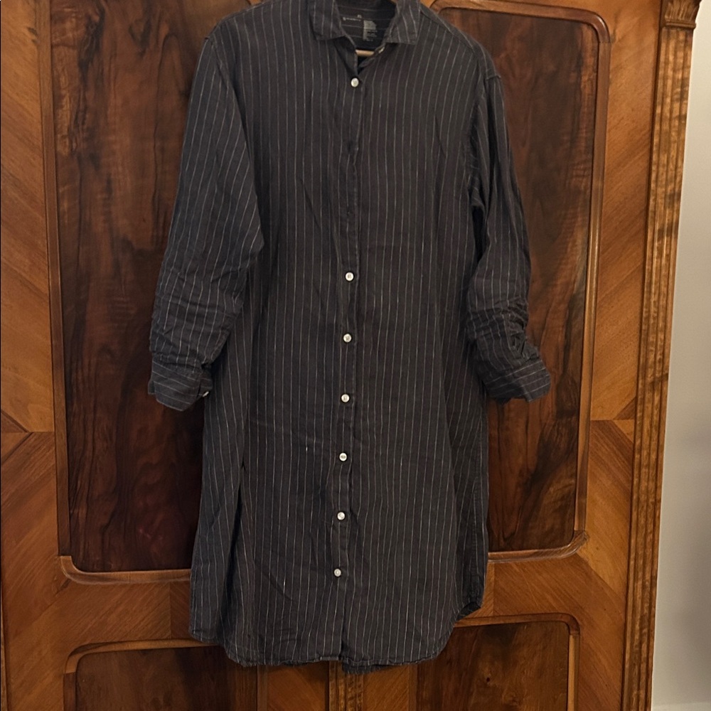 Women’s Striped Button-Up Shirtdress Dark Gray Linen